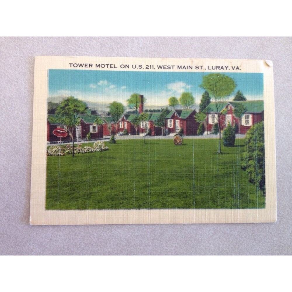 Vintage 1940s Linen Business Card Tower Motel Luray VA CH Pregraves Manager